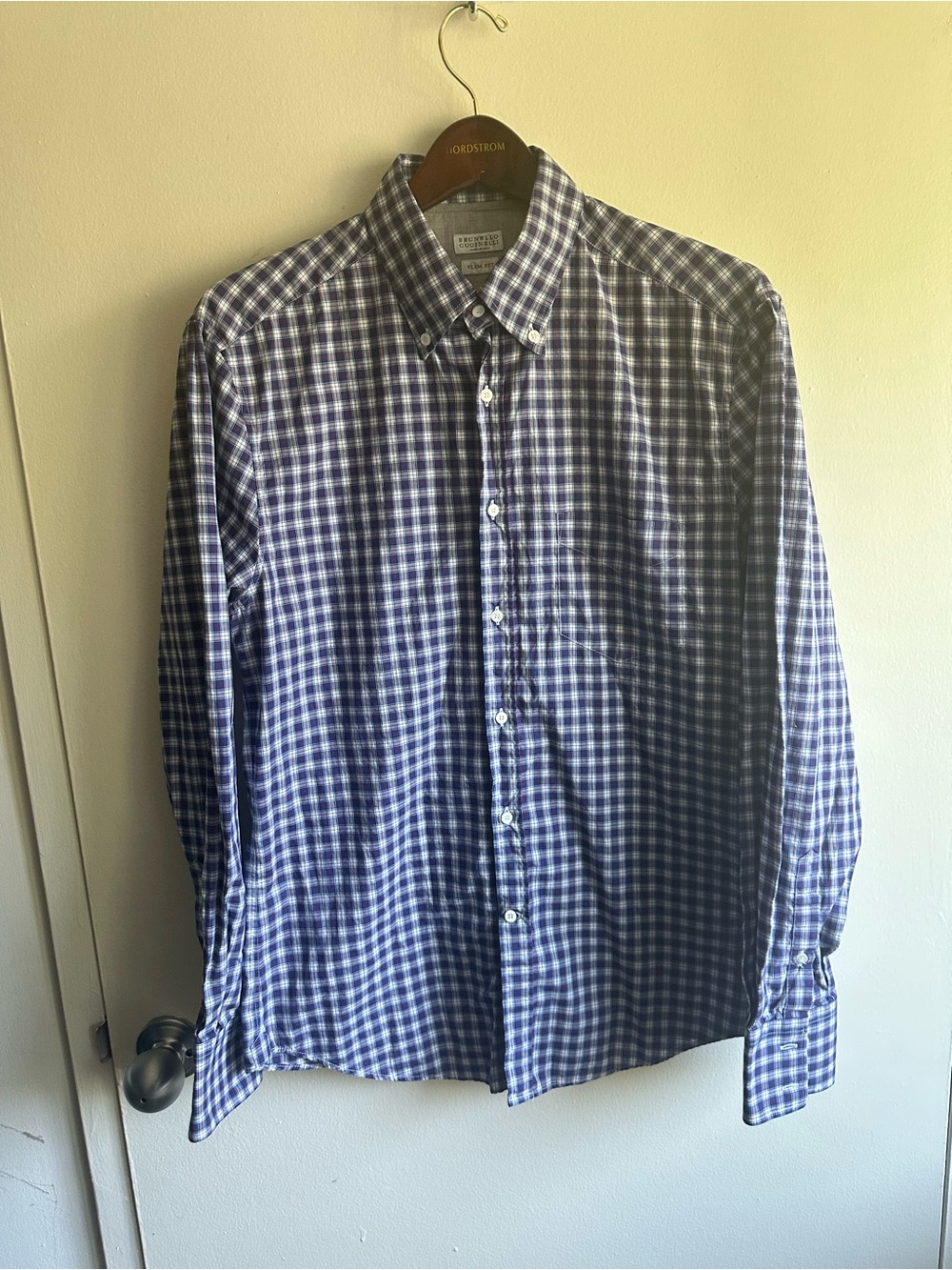 Brunello Cucinelli Blue Check Button-Down Shirt Slim Fit L